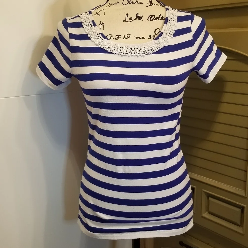 Talbots Blue White Nautical Striped Pearl Beaded Top XS - Picture 9 of 10